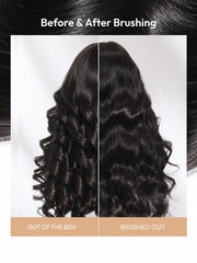 black human hair wig comparison diagram showing out of the box tight curls vs brushed out loose waves.