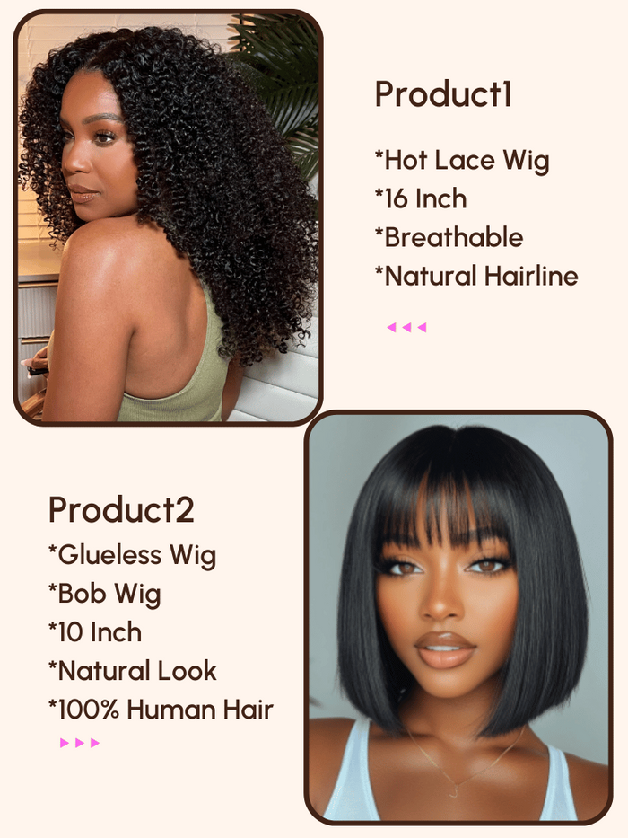 Petaluxe $99=2 Wigs | 16" Lace Part Kinky Curly Wig and 10" Bob Wig with Bang