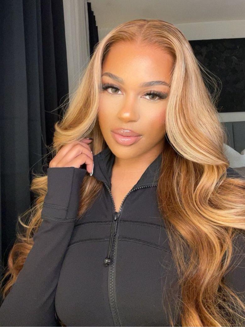 13x4 Pre-Everything? Lace Frontal Honey Blonde Highlights Fluffy Loose Wave Curtain Bangs Wig