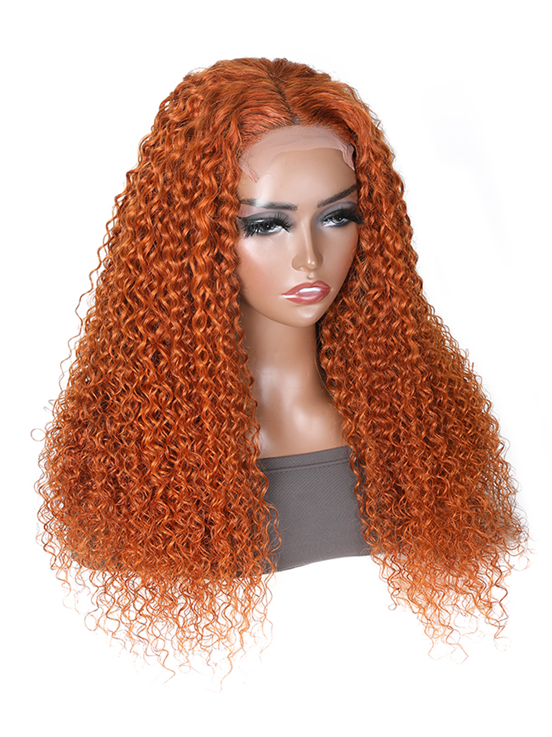 [22in=$106] Hot Ginger Color Glueless Lace Jerry Curly Human Hair Lace Part Wig 150% Density
