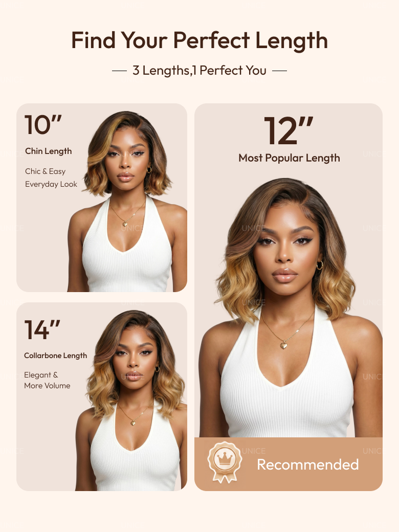 13x4 Pre-Everything? Lace Frontal Brown With Honey Blonde Face-Framing Highlights Wavy Bob Glueless Drawstring Wig Workout Friendly Secure Fit