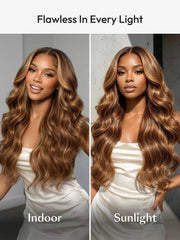 360 HD Lace Pre-plucked Luxury Raw Virgin Hair Caramel Brown With Money Piece Highlights Body Wave Wig