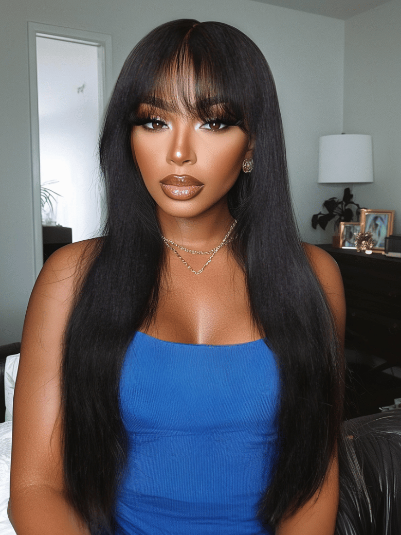 7x5 Bye-Bye Knots Lace Frontal Pull And Go Fluffy Natural Black Loose Wave & Machine Made Yaki Human Hair Glueless Curtain Bangs Wig