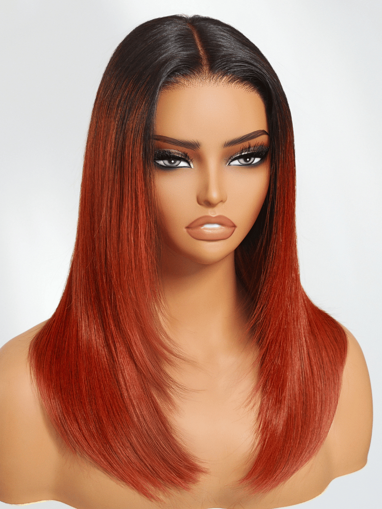 Bye-Bye Knots 7x5 Lace Burnt Orange with Dark Roots Layered Straight Wig