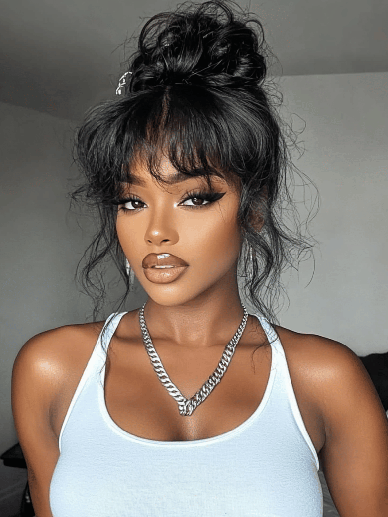 [24"=$99]13x4 Pre-Everything? Lace Frontal Black Fluffy Natural Bouncy Loose Wave Curtain Bangs Wig