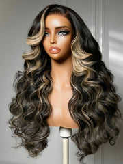 7x5 Bye Bye Slip? Lace Black With Blonde Face-Framing Highlights Body Wave Wig with Side Part Bangs