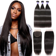 Brazilian Straight Virgin Hair 3 Bundles With Lace Closure Kysiss Series