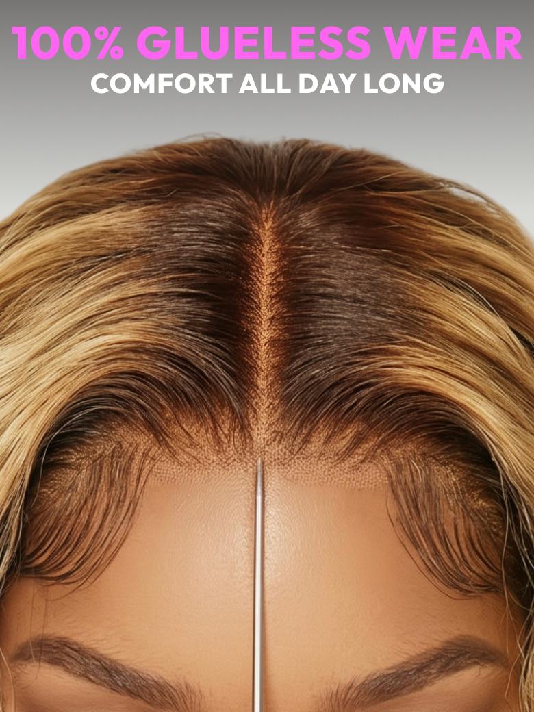 13x4 Bye Bye Slip? Lace Frontal Caramel Brown With Honey Blonde Highlights Water Wave Glueless Drawstring Wig