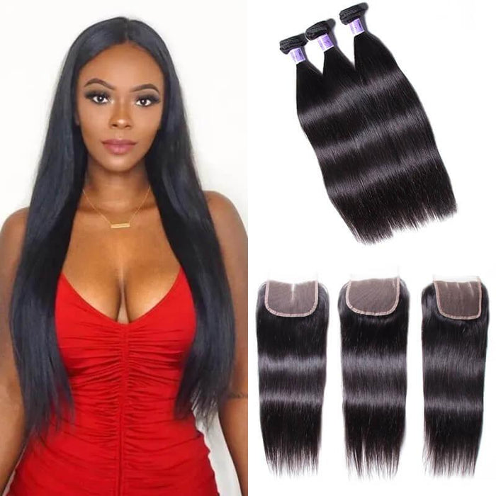 Petaluxe 3 Bundles Of Indian Straight Hair With Lace Closure Kysiss Series