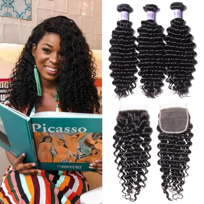 Petaluxe Brazilian 3 Bundles Deep Wave With Lace Closure Kysiss Series