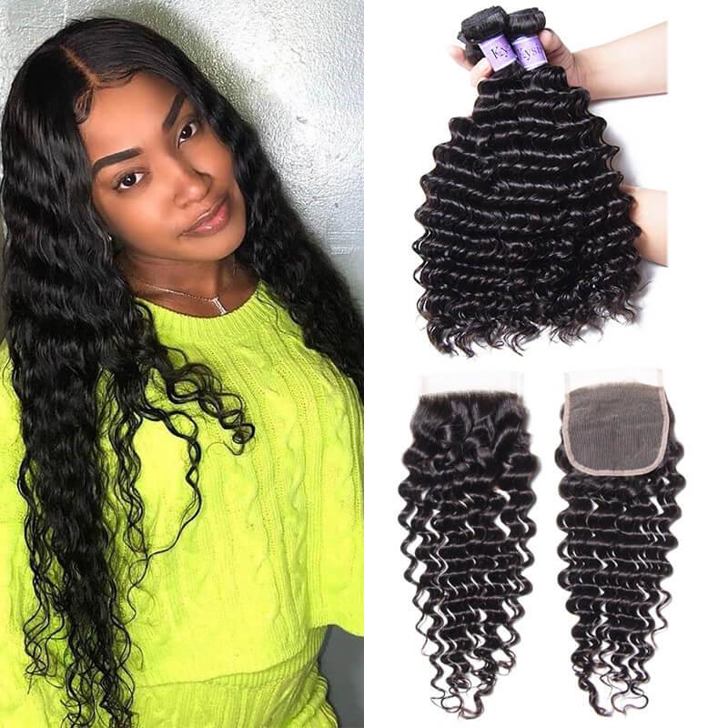 Indian Human Hair 4 Bundles Deep Wave With Closure Kysiss Series