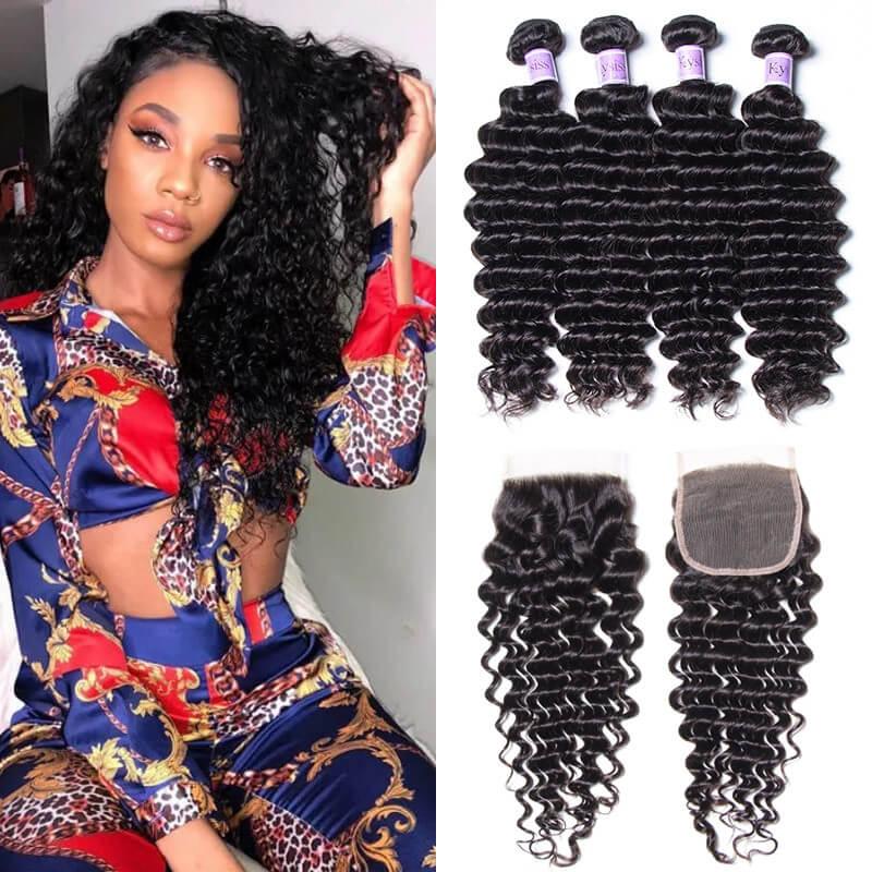 Good 4 Bundles Malaysian Deep Wave Hair With Closure Kysiss Series