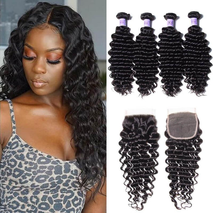 Petaluxe Quality Brazilian Deep Wave Virgin Hair 4 Bundles With Closure Kysiss Series