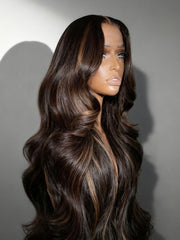 13x4 Pre-Everything? Lace Frontal Brown With Caramel Highlights Yaki Loose Wave Drawstring Wig