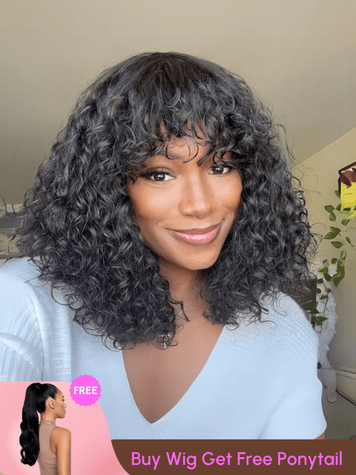 Petaluxe [$119=Wig+ Ponytail] Weekend Special Offer Curly Bob Wig With Bangs Mono Lace On Top & Body Wave Ponytail
