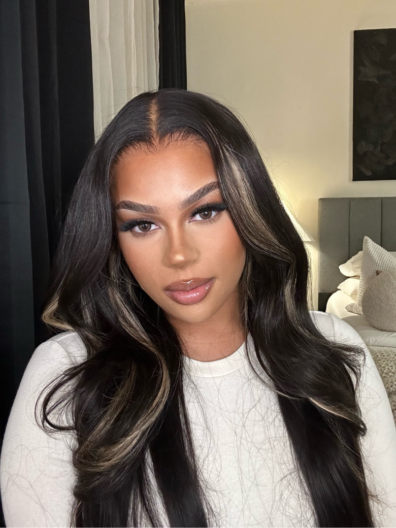 BOGO 7x5 ByeBye-Knots Pre-Cut Glueless Lace Invisible Knots Black With Blonde Highlights Body Wave Human Hair Wig 150% Density