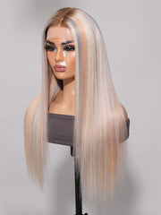 13x4 Lace Front Glossy Blonde Straight Wig With Silver Highlight