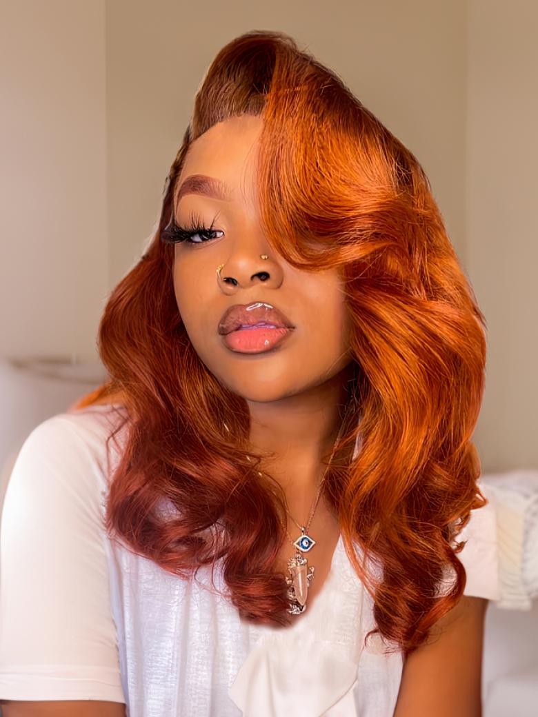 Ginger Hair Color Lace Wigs Body Wave Human Hair Wavy Wig