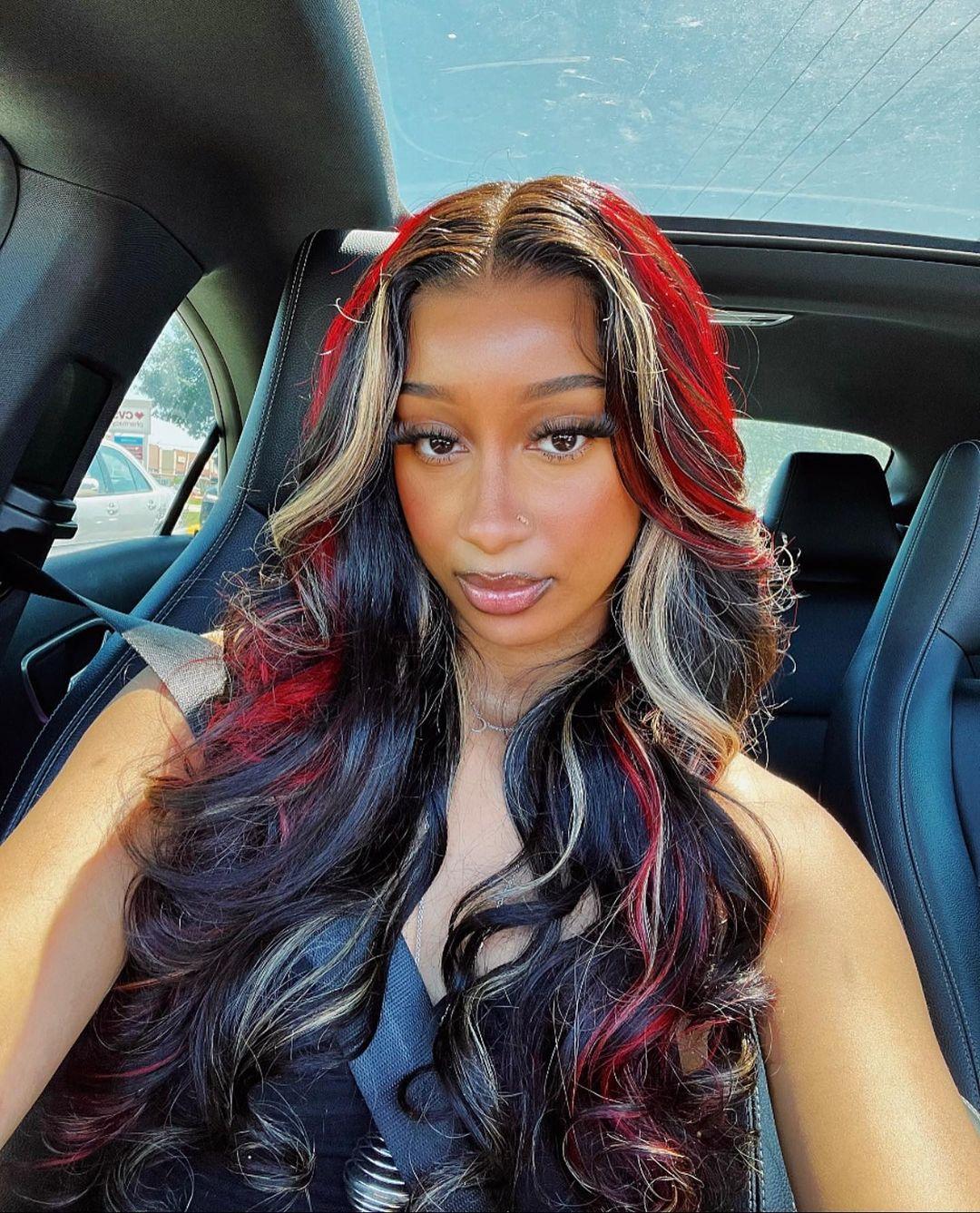 13x4 Lace Front Red And Blonde Loose Wave Wig Black with Red & Blonde Highlights
