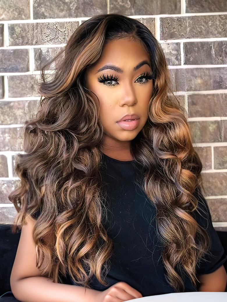 V Part Body Wave Shadow Root Balayage Highlight Colored Glueless Wig