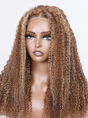 [From 18"] 6x4.5 Pre Cut Lace Put On And Go Honey Blonde Highlights Curly Air Wig with Baby Hair 150% Density