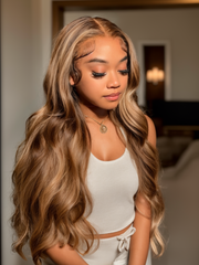 Pre-Plucked Body Wave Honey Blonde Highlight Lace Wigs Human Hair 150% Colored Wigs