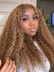 Real Ear To Ear Super Secure 13x4 Lace Frontal Honey Blonde Highlights Jerry Curly Pre-Everything Wig