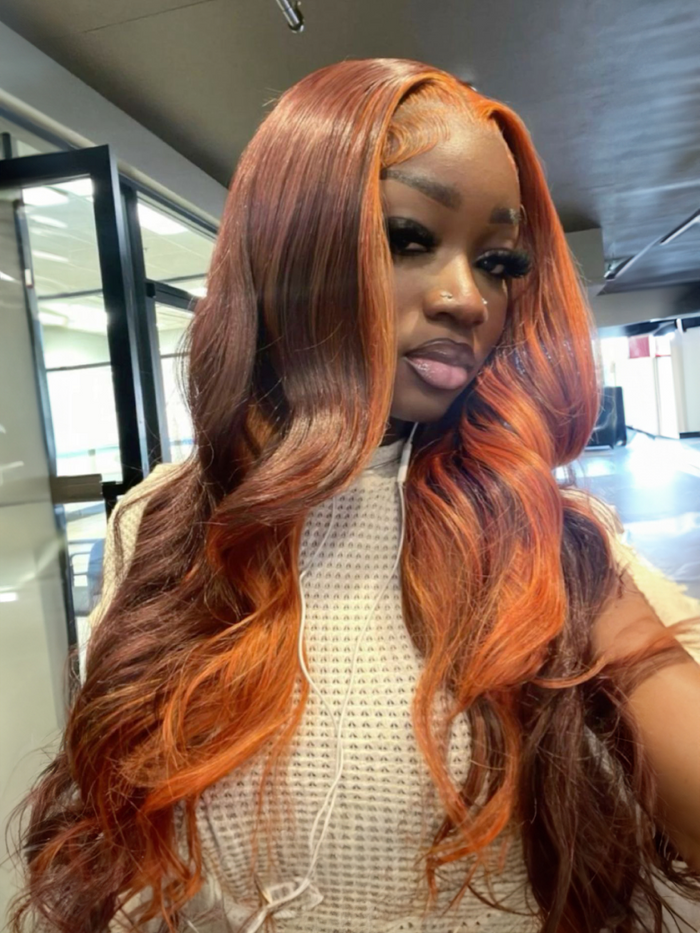 Petaluxe 13x4 Lace Front Wig Highlight 4C Kinky Straight Burgundy Mixed Orange Lace Front Wig