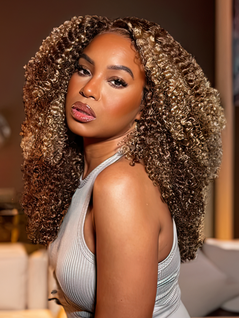 Honey Blonde Sun Kissed Highlights 13x4 Transparent Lace Front Kinky Curly Wig 150% Density