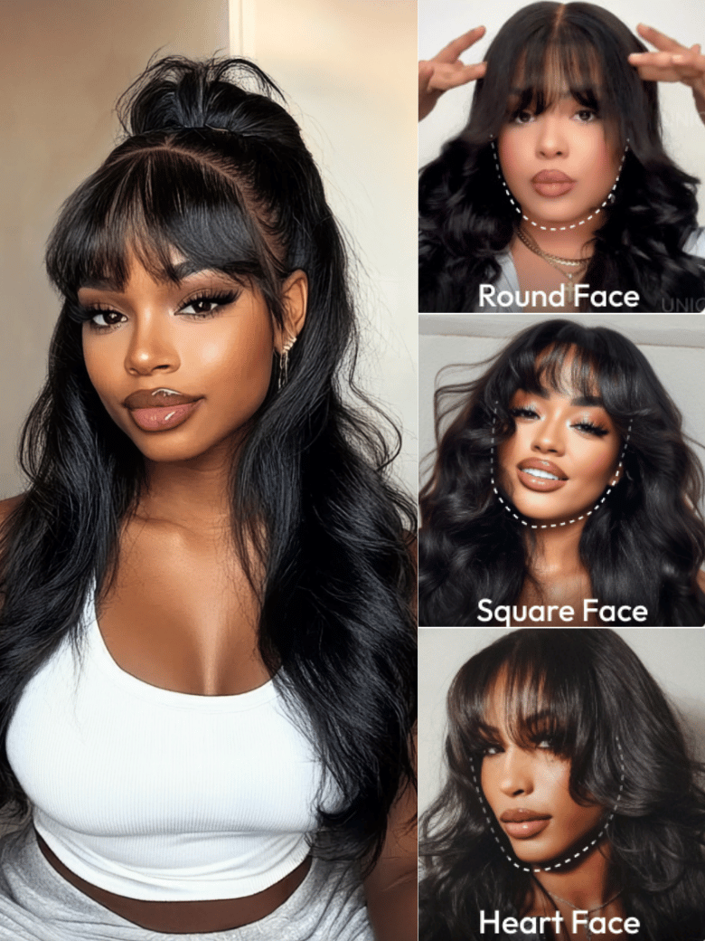 7x5 Bye-Bye Knots? & 13x4 Pre-Everything? Lace Frontal Pull And Go Black Fluffy Natural Loose Wave Curtain Bangs Wig with Free Ear Tape