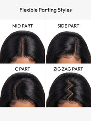 Body wave glueless lace front wig chart showing flexible parting options: mid part, side part, C part, and zig zag part.