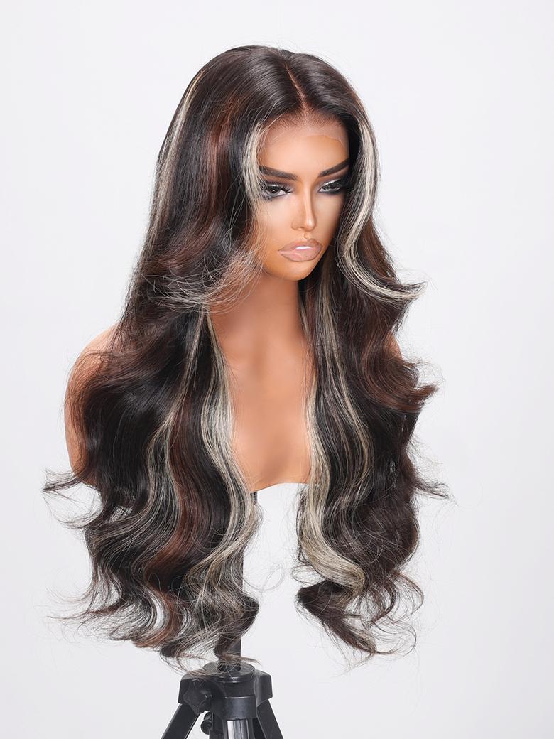 13x4 Lace Front Black With Brown & Light Blonde Highlights Loose Wave Wig