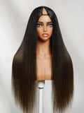 [22Inch=$145] Petaluxe InvisiBlend? V Part Glueless Yaki Straight Chestnut Brown Ombre Human Hair Wig With Invisi Drawstring