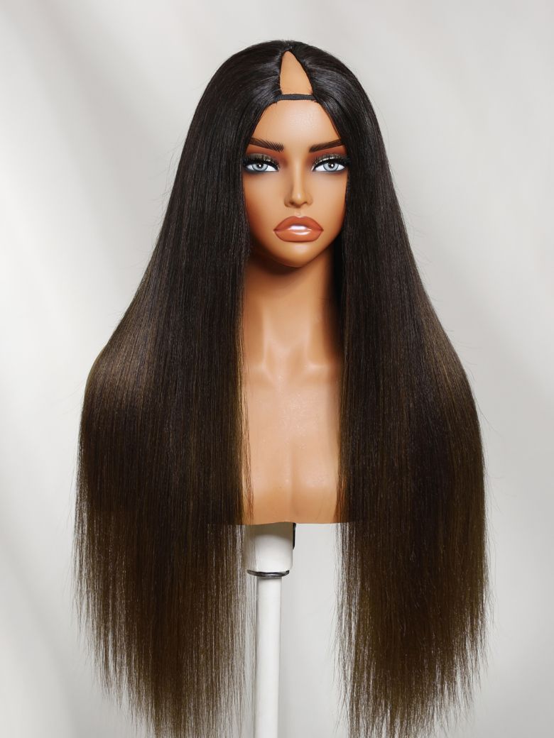 [22Inch=$145] InvisiBlend? V Part Glueless Yaki Straight Chestnut Brown Ombre Human Hair Wig With Invisi Drawstring