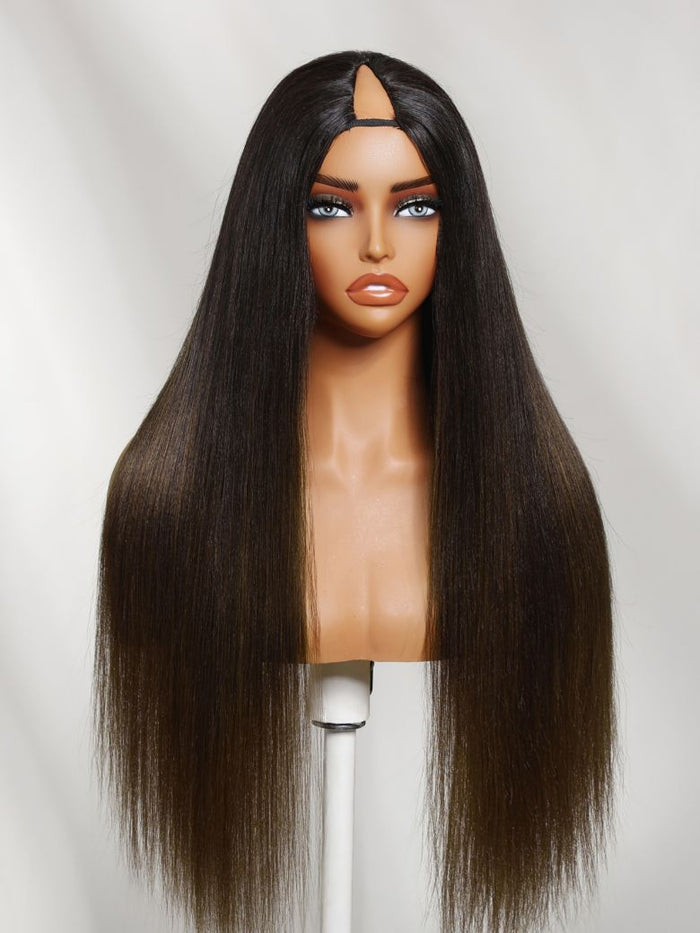 [22Inch=$145] Petaluxe InvisiBlend? V Part Glueless Yaki Straight Chestnut Brown Ombre Human Hair Wig With Invisi Drawstring