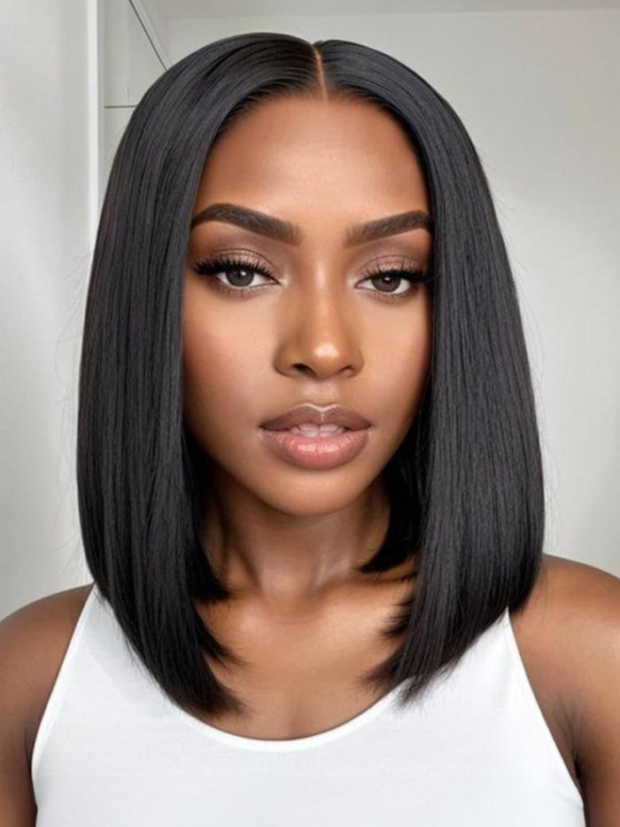 Petaluxe 13x4 Lace Front Yaki Bob Wig Sweat-Proof Lace Cap– Pre-Cut, Pre-Bleached With Invisible Drawstring