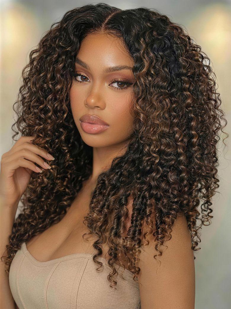EasiContour? V Part Black to Chestnut Brown Jerry Curly Drawstring Wig 150% Density Protect Your Natural Hair