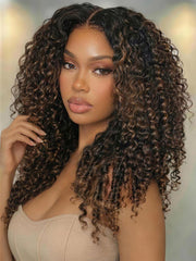 EasiContour? V Part Black to Chestnut Brown Jerry Curly Drawstring Wig 150% Density Protect Your Natural Hair