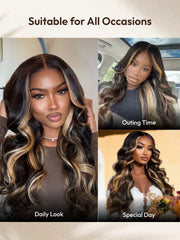 7x5 Bye-Bye Knots? Lace Loose Wave Butterscotch Highlights Brown with Free Face Framing Bangs Wig 150% Density