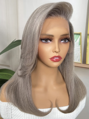 Silver Grey 13x4 Lace Front Straight Free Part with Side Wavy Bob Wig