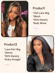 (+$0.01 get 2 wigs) 13x5 Lace Balayage Body Wave Wig 18inch or Lace Part Kinky Straight 20inch Beginner Friendly