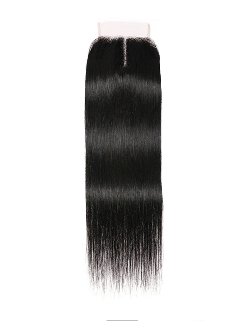 Straight Hair 4 Bundles with T Part Lace Closure Middle Part Closure,Natural Black 100% Virgin Hair