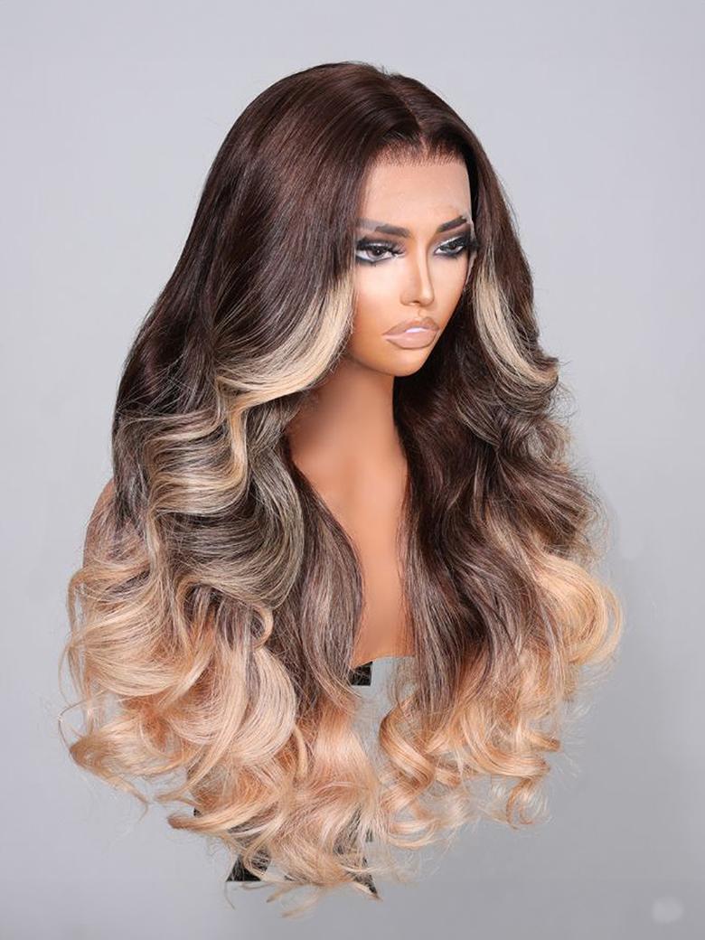 24 Inch 13x4 Lace Front Chocolate Brown To Blonde Ombre Loose Wave Wig
