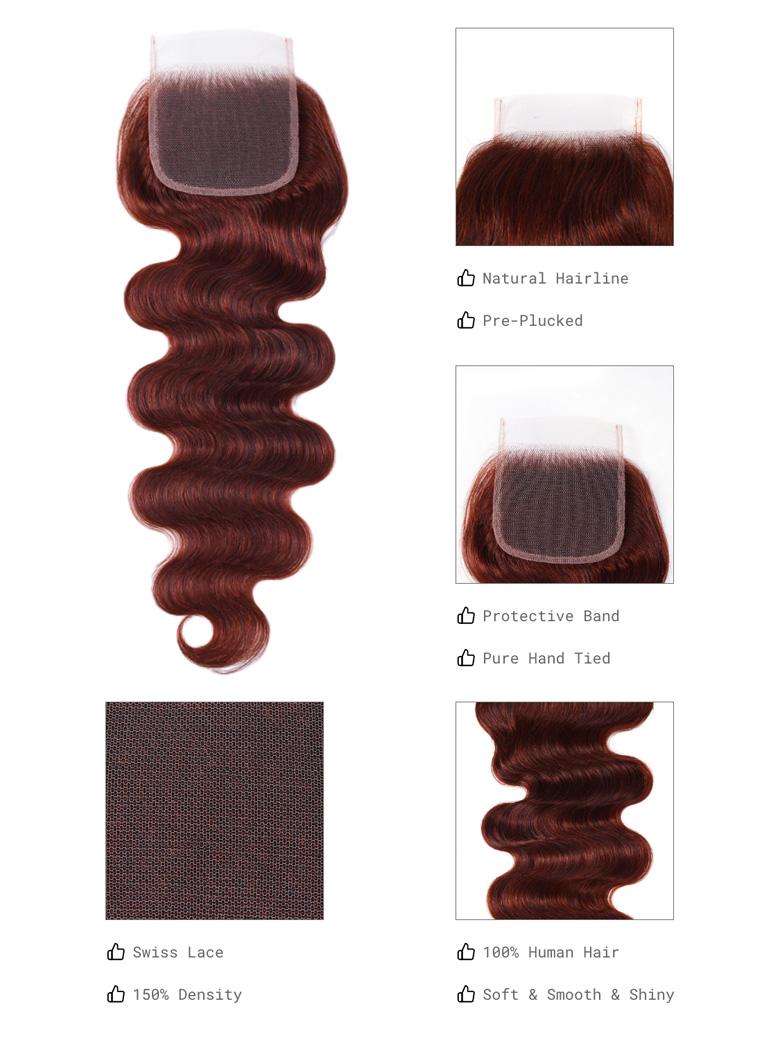 Dark Auburn Body Wave Remy Human Hair 3 Bundles With Closure Deal