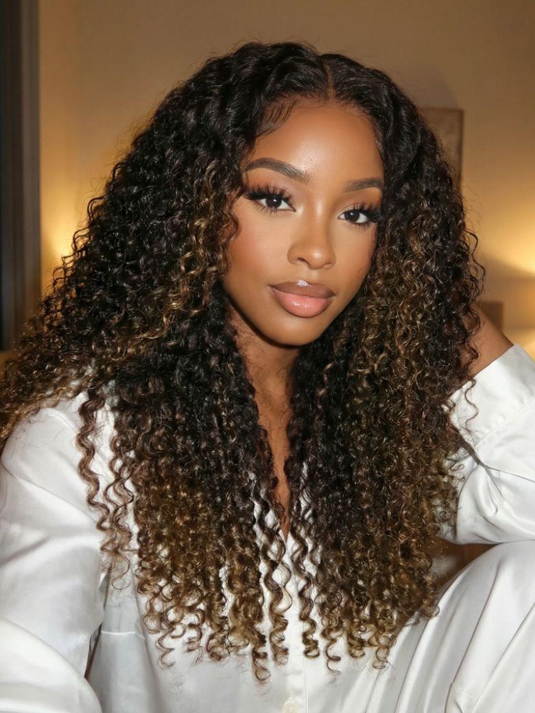 EasiContour? V Part Black to Chestnut Brown Jerry Curly Drawstring Wig 150% Density Protect Your Natural Hair