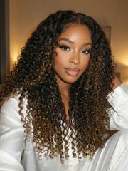 EasiContour? V Part Black to Chestnut Brown Jerry Curly Drawstring Wig 150% Density Protect Your Natural Hair