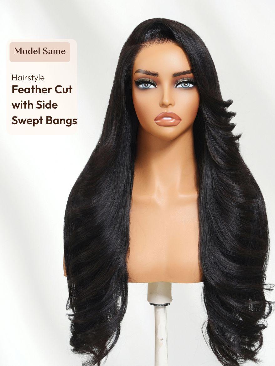 Feather Cut with Side Swept Bangs13x4 Pre-Everything? Lace Frontal Natural Black Drawstring Wig