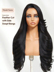 Feather Cut with Side Swept Bangs13x4 Pre-Everything? Lace Frontal Natural Black Drawstring Wig