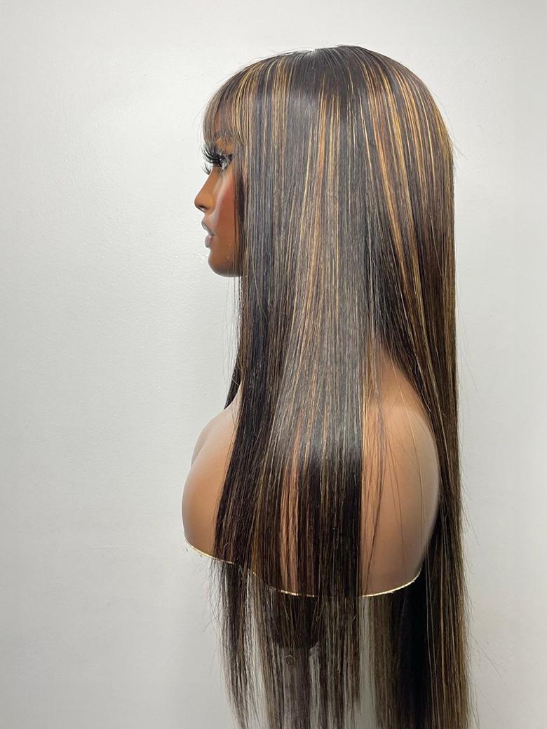 13x4 Lace Front Black With Honey Blonde Streaks Straight Wig With Chinese Bangs