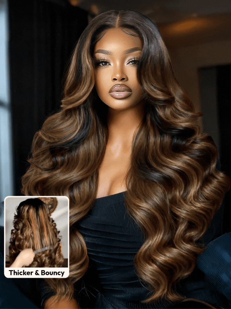 7x5 Bye Bye Slip? Wig Glueless Lace Balayage Highlight Body Wave Drawstring Curtain Bangs Wig